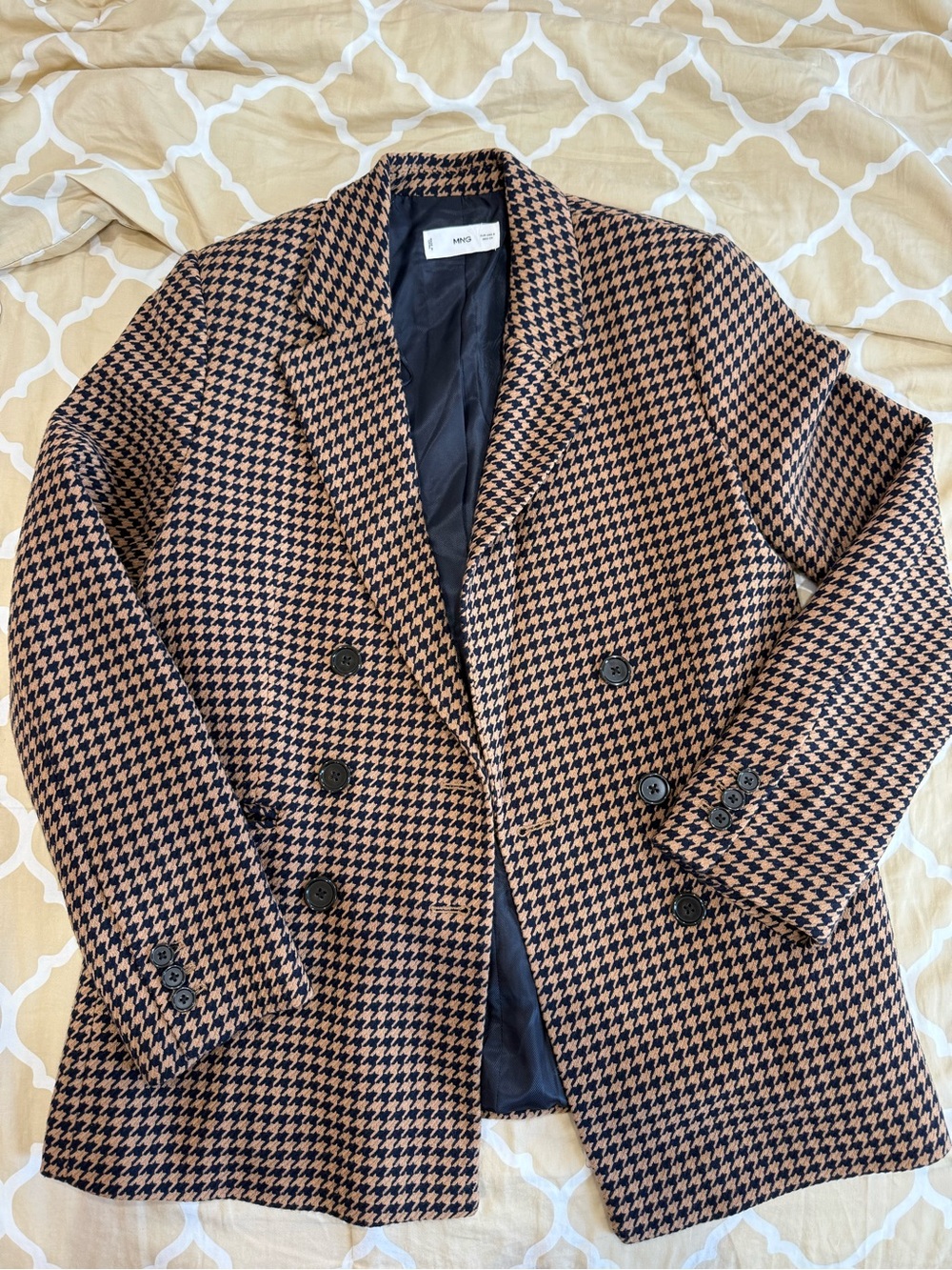 Mango women’s Brown & Black Houndstooth Double-Breasted Pea Coat
